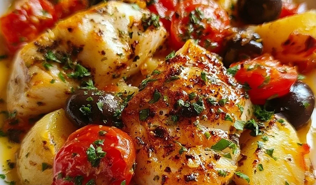 Merluzzo in padella con patate, pomodorini e olive pronto per essere servito.