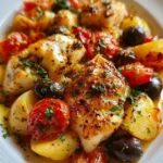 Merluzzo in padella con patate, pomodorini e olive pronto per essere servito.