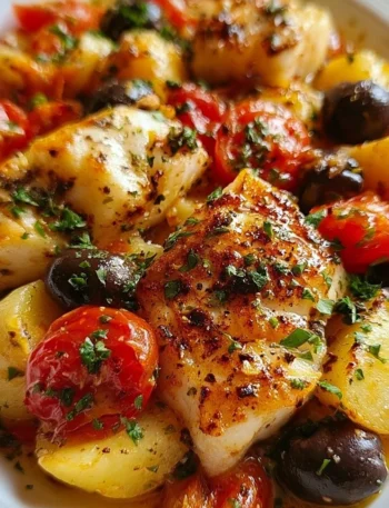 Merluzzo in padella con patate, pomodorini e olive pronto per essere servito.