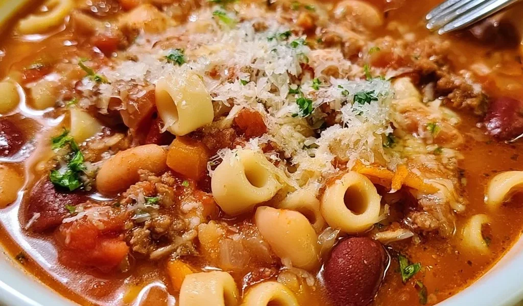 Pasta E Fagioli dell'Olive Garden servita in un piatto elegante