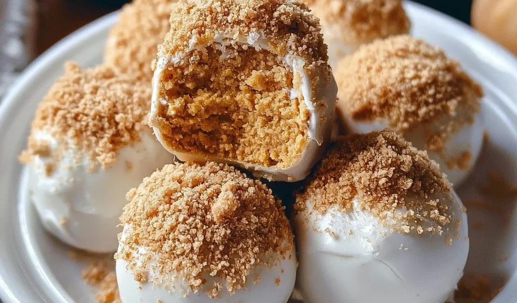 Palline di cheesecake alla zucca decorati con panna e spezie autunnali.