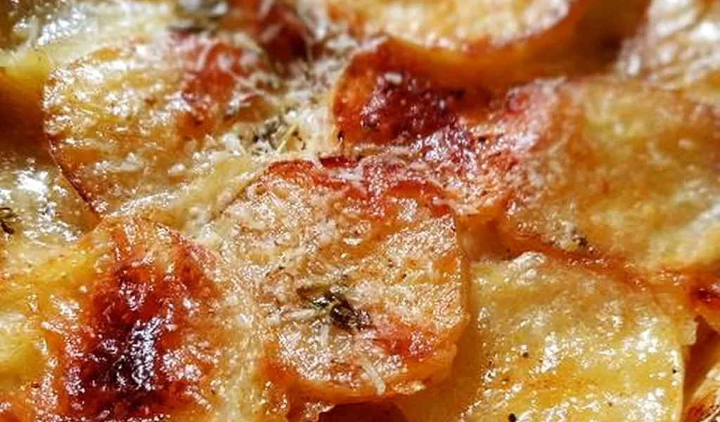 Piatto di Parmigiana di patate con formaggio e salsa di pomodoro