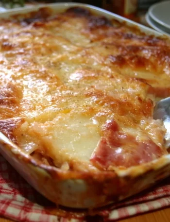 Piatto di Parmigiana di Patate e Prosciutto Cotto appena sfornato