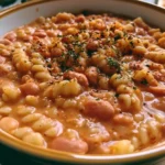 Pasta ai Fagioli servita in una ciotola con fagioli e condimenti.