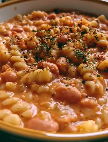 Pasta ai Fagioli servita in una ciotola con fagioli e condimenti.