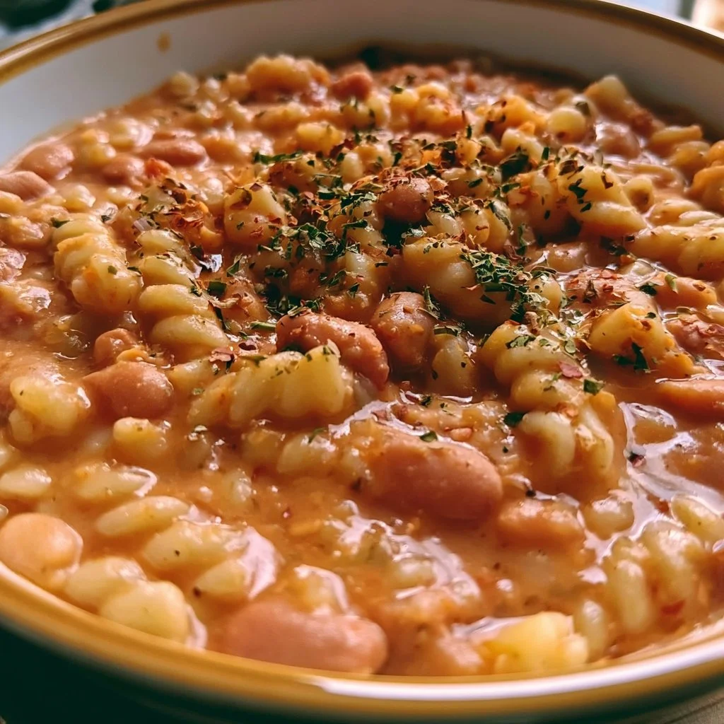 Pasta ai Fagioli servita in una ciotola con fagioli e condimenti.