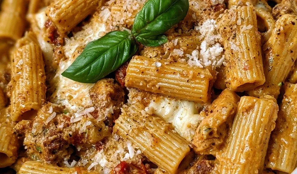 Pasta alla Montecarlo servita con pomodorini e basilico fresco