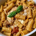 Pasta alla Montecarlo servita con pomodorini e basilico fresco