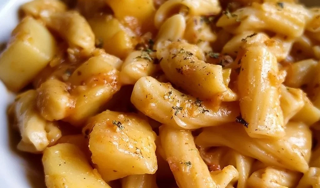 A plate of pasta served with creamy potato sauce and garnished with herbs.