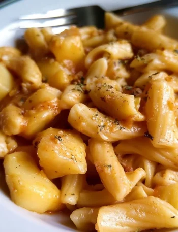 A plate of pasta served with creamy potato sauce and garnished with herbs.