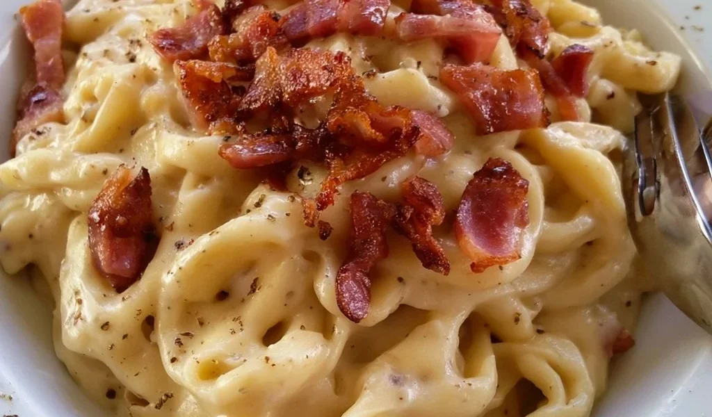 Pasta con Crema di Patate e Pancetta servita in un piatto elegante
