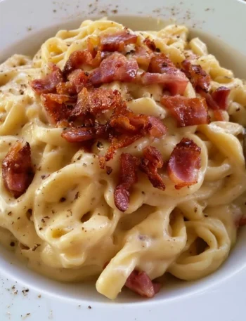 Pasta con Crema di Patate e Pancetta servita in un piatto elegante