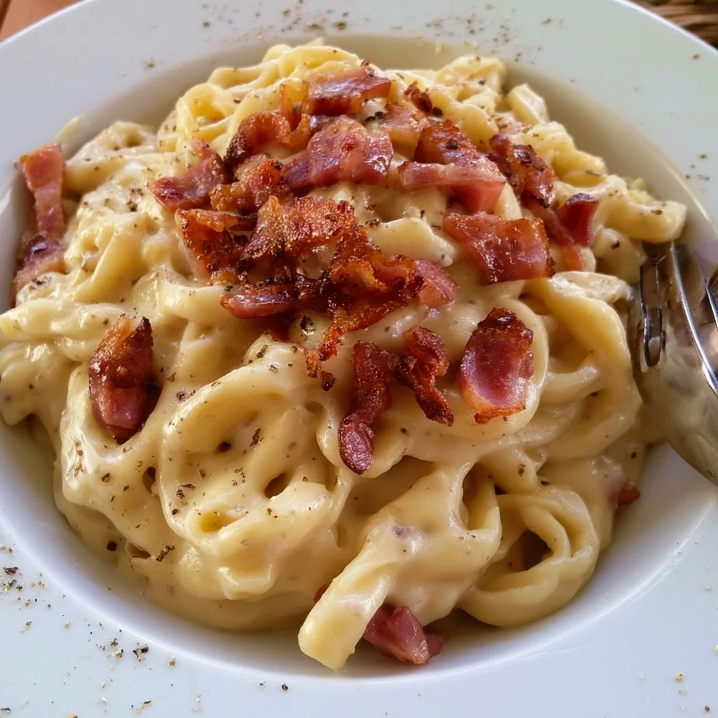 Pasta con Crema di Patate e Pancetta servita in un piatto elegante