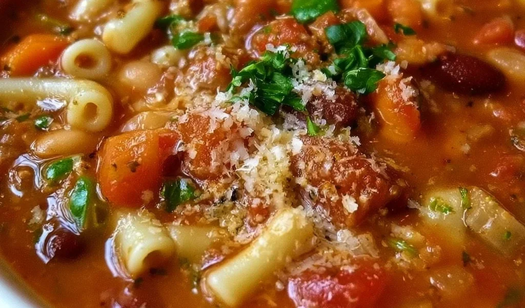 Pasta e Fagioli alla Olive Garden servita in una ciotola bianca.