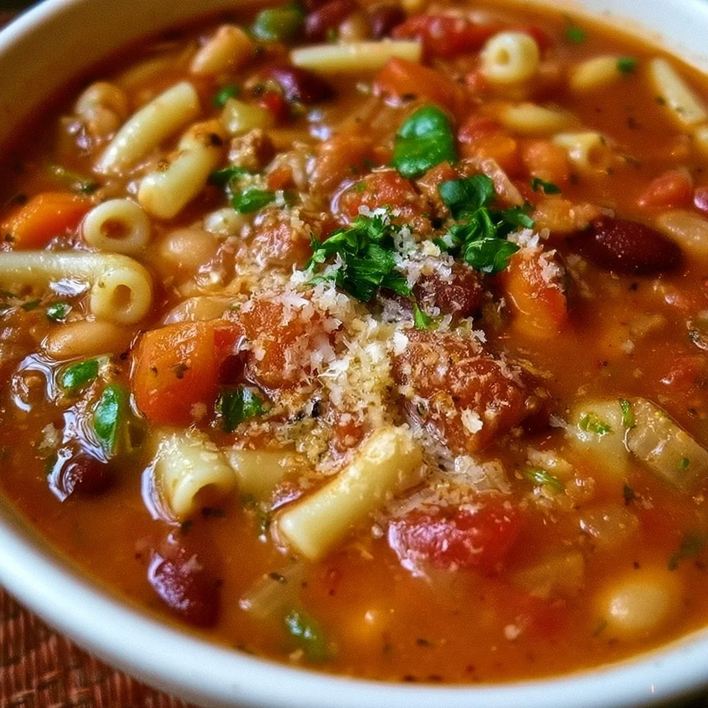 Pasta e Fagioli alla Olive Garden servita in una ciotola bianca.