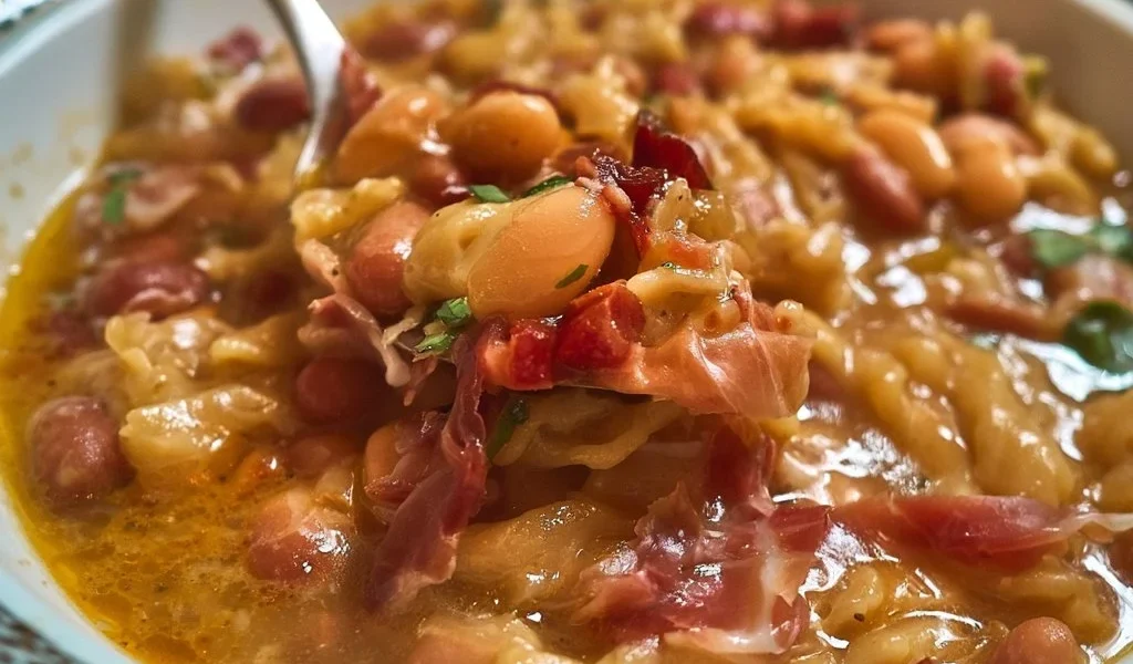 Pasta Fagioli con Prosciutto San Daniele servita in un piatto tradizionale italiano.
