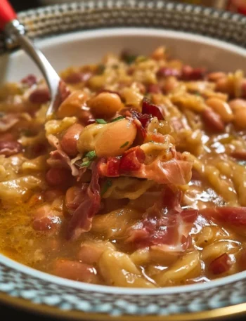 Pasta Fagioli con Prosciutto San Daniele servita in un piatto tradizionale italiano.
