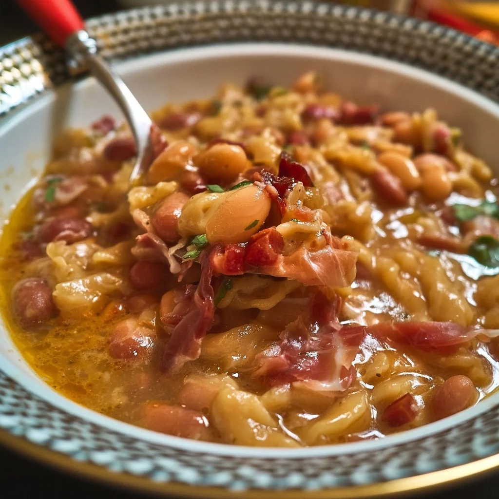 Pasta Fagioli con Prosciutto San Daniele servita in un piatto tradizionale italiano.