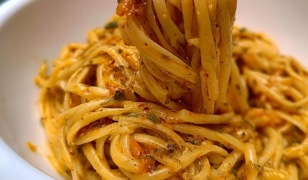 Pasta isolana con ingredienti freschi e aromi mediterranei
