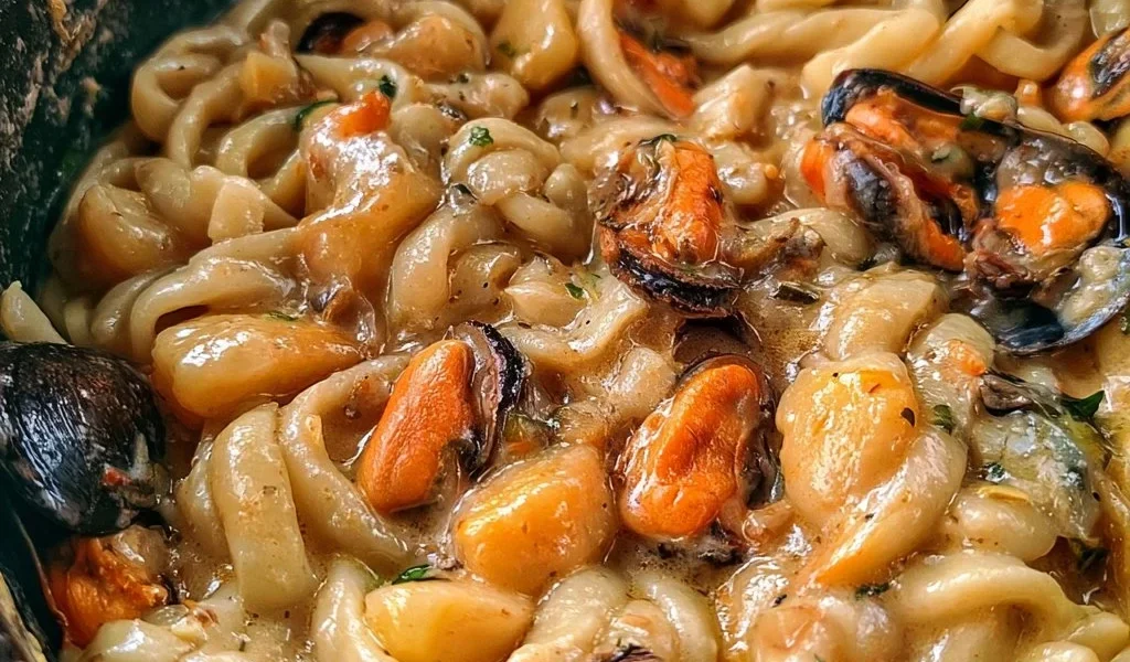 Pasta Patate e Cozze, piatto tradizionale italiano con cozze fresche e patate.