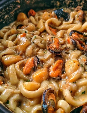 Pasta Patate e Cozze, piatto tradizionale italiano con cozze fresche e patate.