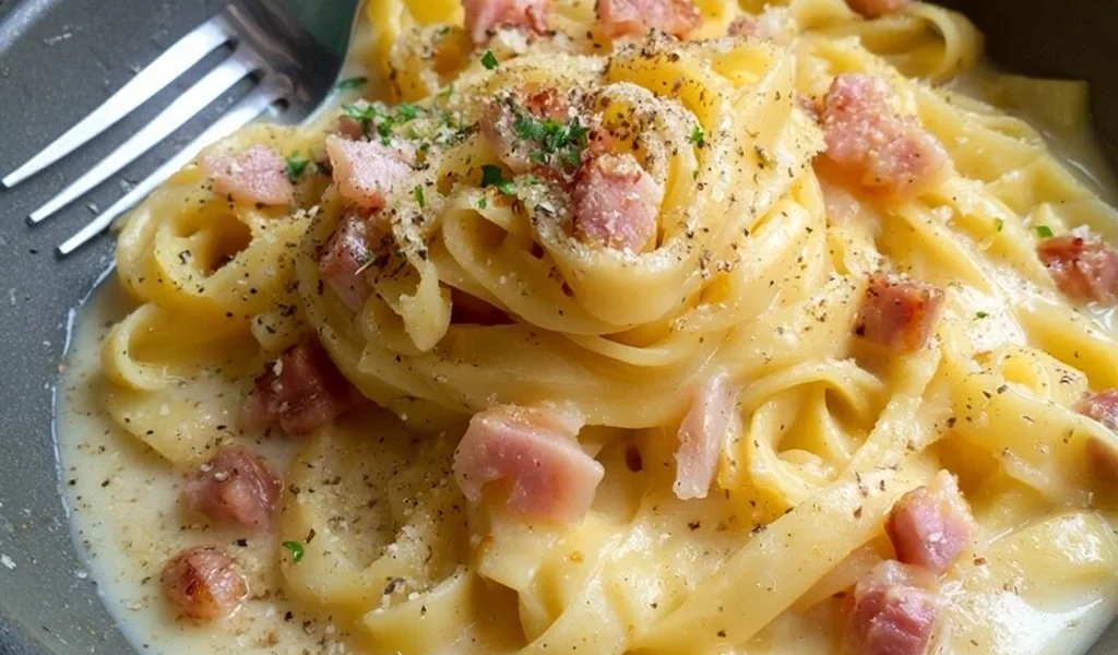 Pasta with creamy potato sauce and crispy bacon, a delightful comfort food dish.