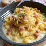 Pasta with creamy potato sauce and crispy bacon, a delightful comfort food dish.