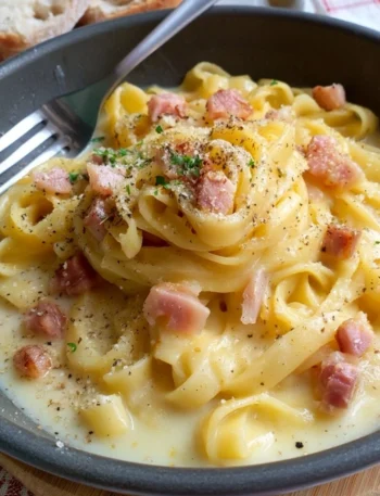 Pasta with creamy potato sauce and crispy bacon, a delightful comfort food dish.