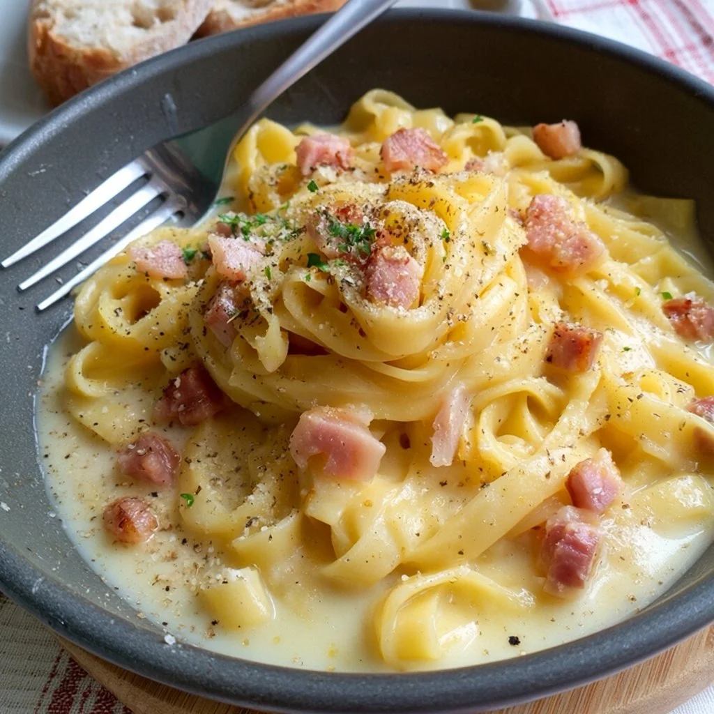 Pasta with creamy potato sauce and crispy bacon, a delightful comfort food dish.