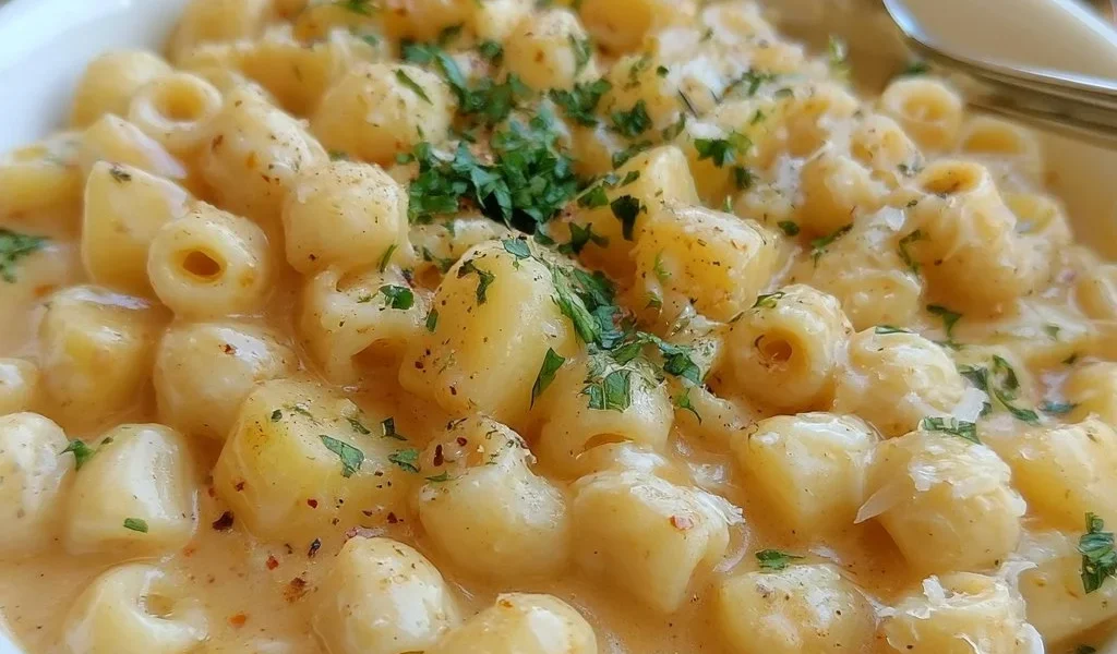 Delicious plate of Pasta with Potatoes and Creamy Provola cheese