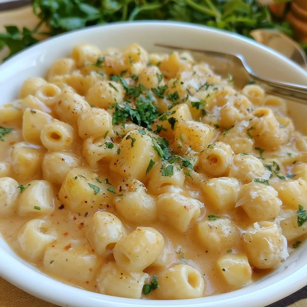 Delicious plate of Pasta with Potatoes and Creamy Provola cheese