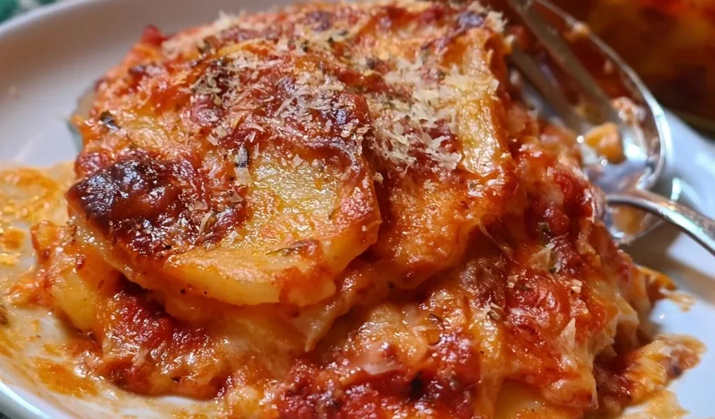 Piatto di patate alla parmigiana appena sfornate, gustoso e filante.