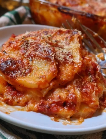 Piatto di patate alla parmigiana appena sfornate, gustoso e filante.