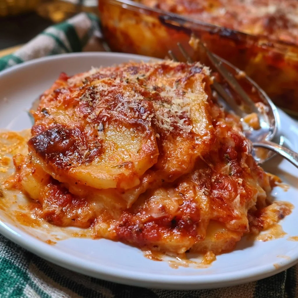 Piatto di patate alla parmigiana appena sfornate, gustoso e filante.