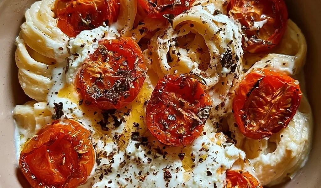 Pomodori arrostiti con formaggio cremoso e salsa bianca su un piatto.
