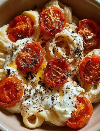 Pomodori arrostiti con formaggio cremoso e salsa bianca su un piatto.