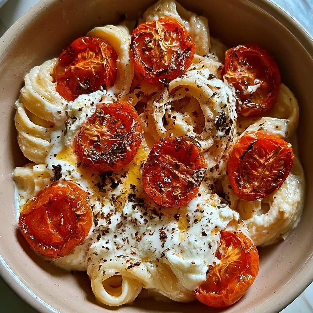 Pomodori arrostiti con formaggio cremoso e salsa bianca su un piatto.