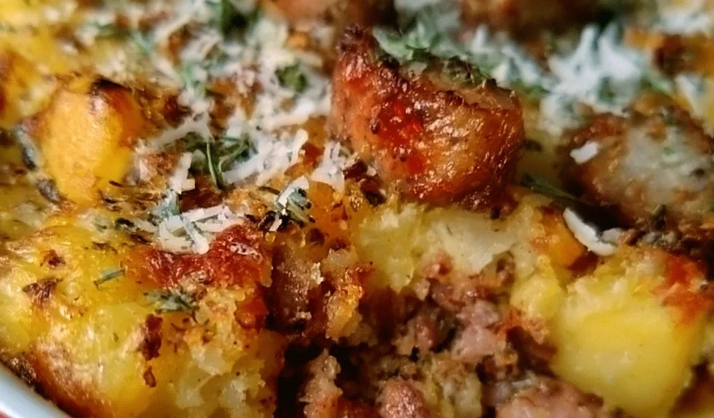 Delicious Potato and Sausage Crumble served in a bowl