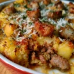 Delicious Potato and Sausage Crumble served in a bowl