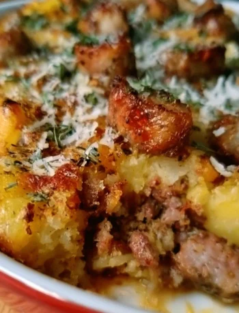 Delicious Potato and Sausage Crumble served in a bowl