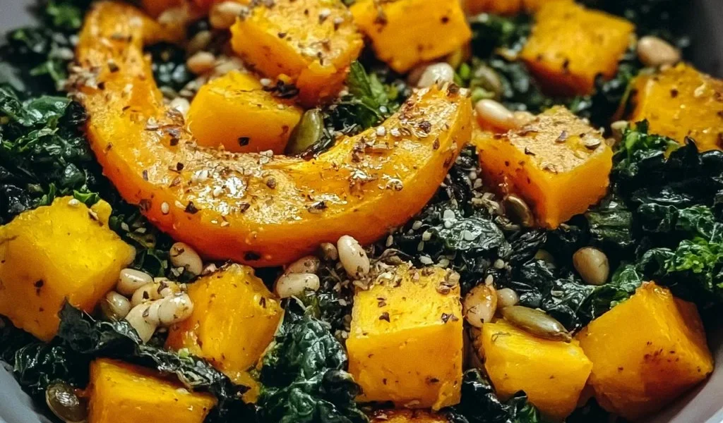 Pumpkin and black kale salad with seeds on a rustic wooden table