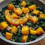 Pumpkin and black kale salad with seeds on a rustic wooden table