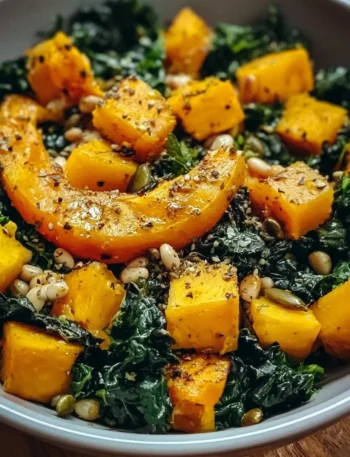 Pumpkin and black kale salad with seeds on a rustic wooden table