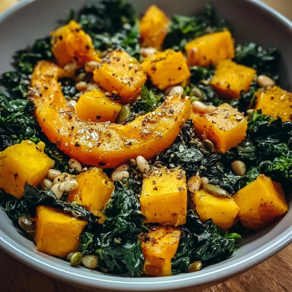 Pumpkin and black kale salad with seeds on a rustic wooden table