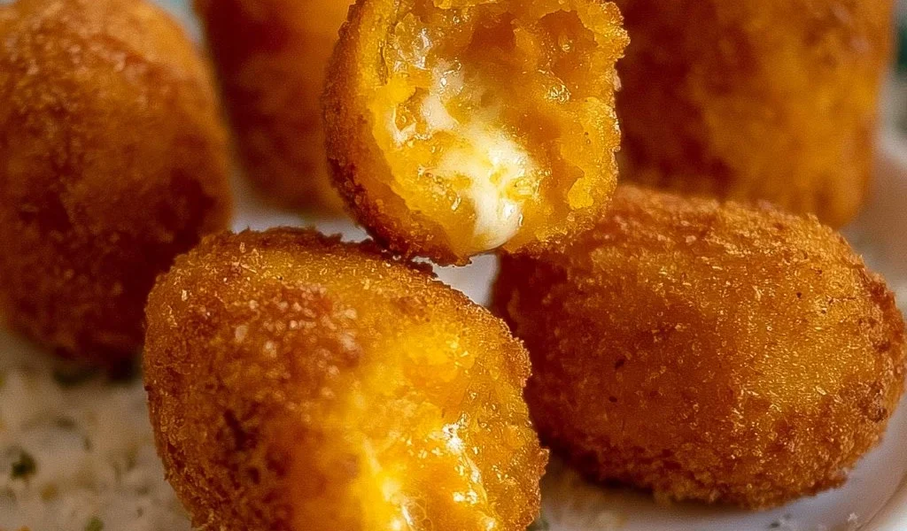 Plate of pumpkin croquettes with a melting heart, garnished and ready to serve.