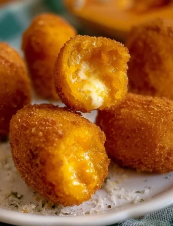 Plate of pumpkin croquettes with a melting heart, garnished and ready to serve.