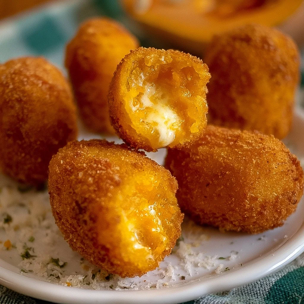 Plate of pumpkin croquettes with a melting heart, garnished and ready to serve.