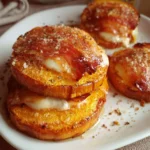 Delicious pumpkin medallions topped with speck and cheese on a plate