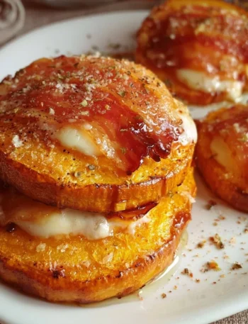 Delicious pumpkin medallions topped with speck and cheese on a plate