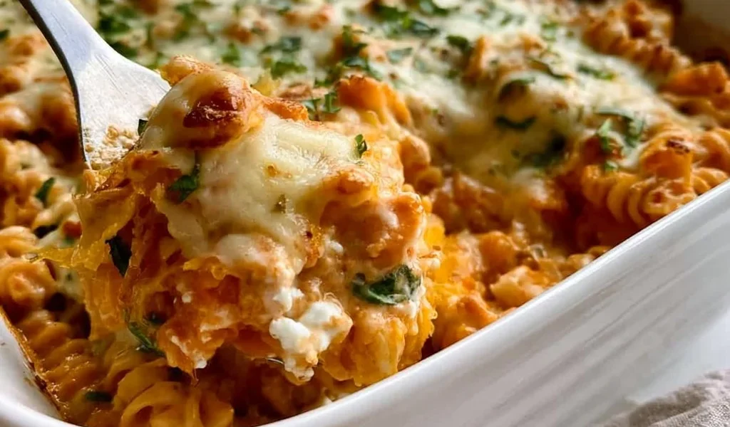 Delicious pumpkin ricotta pasta bake topped with cheese and herbs